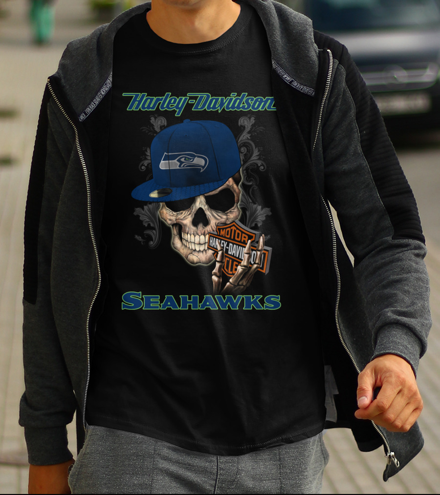 Harley Davidson Seattle Seahawks Skull With Seahawks Cap T-Shirt