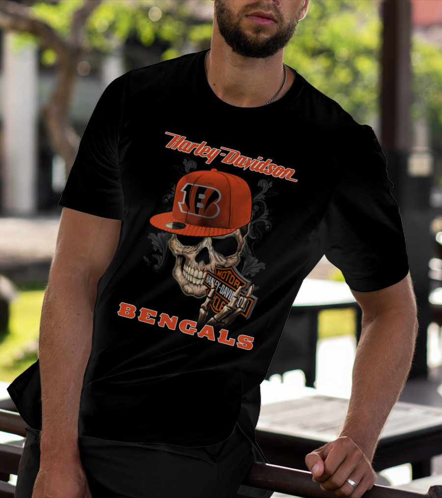 Harley Davidson Skull Bengals Cincinnati Motorcycles T-Shirt