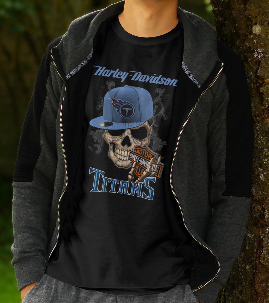 Harley Davidson Skull With Tennessee Titans Cap T-Shirt