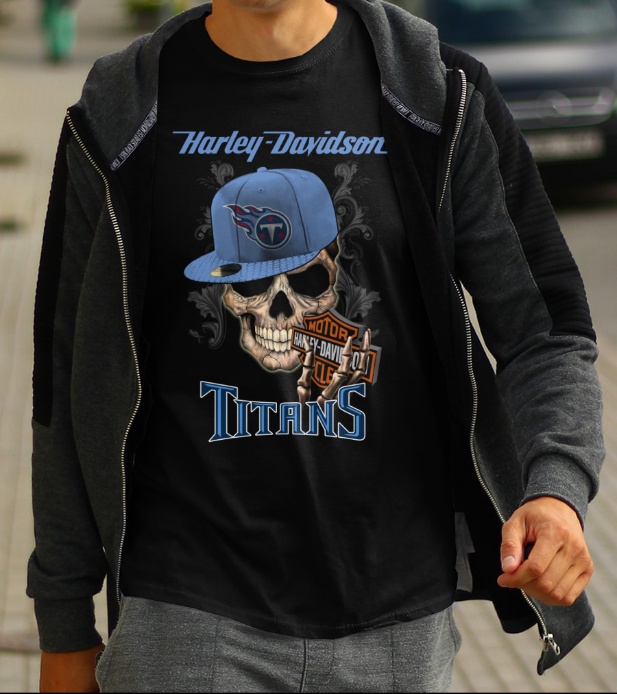 Harley Davidson Skull With Tennessee Titans Cap T-Shirt