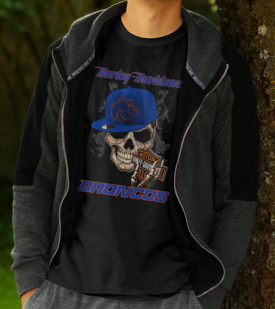 Harley Davidson Skull With Boise State Broncos Cap T-Shirt