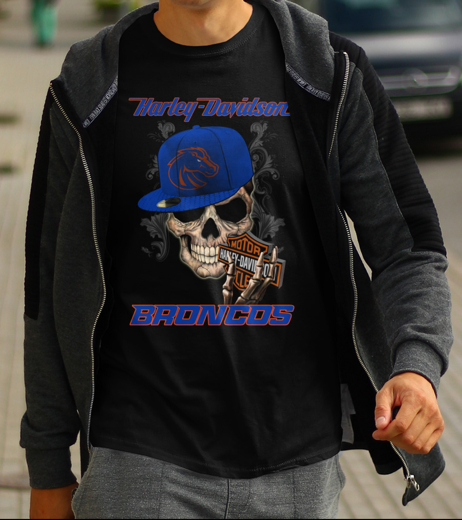 Harley Davidson Skull With Boise State Broncos Cap T-Shirt