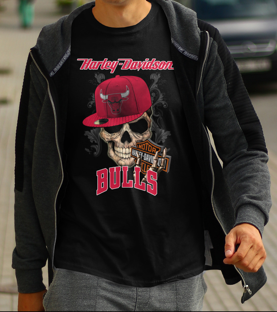Harley Davidson Skull Chicago Bulls Cap With Motorcycle T-Shirt
