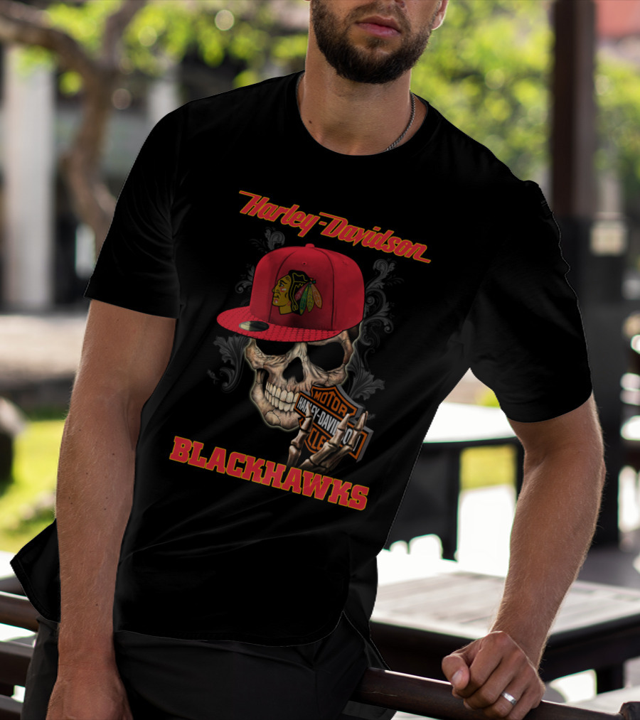 Harley Davidson Skull With Chicago Blackhawks Cap And Motor Cycle T-Shirt