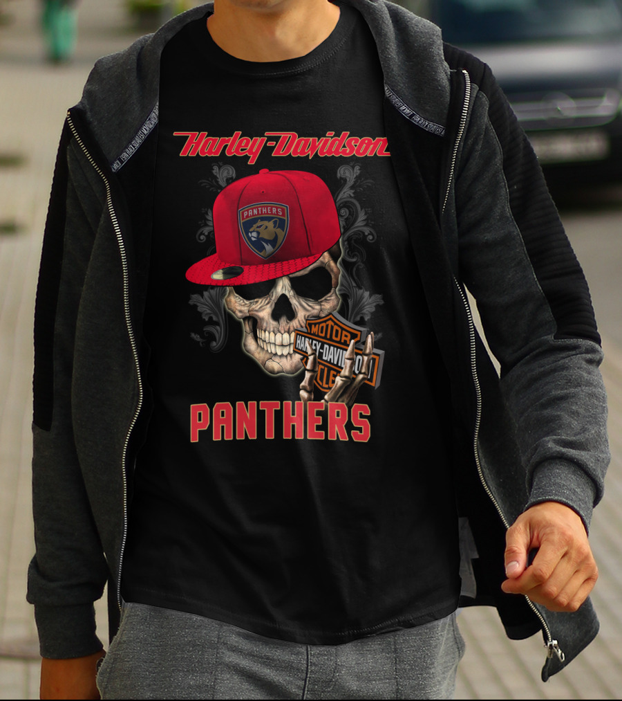 Harley Davidson Skull Florida Panthers Logo With Cap And Motorcycle Badge T-Shirt