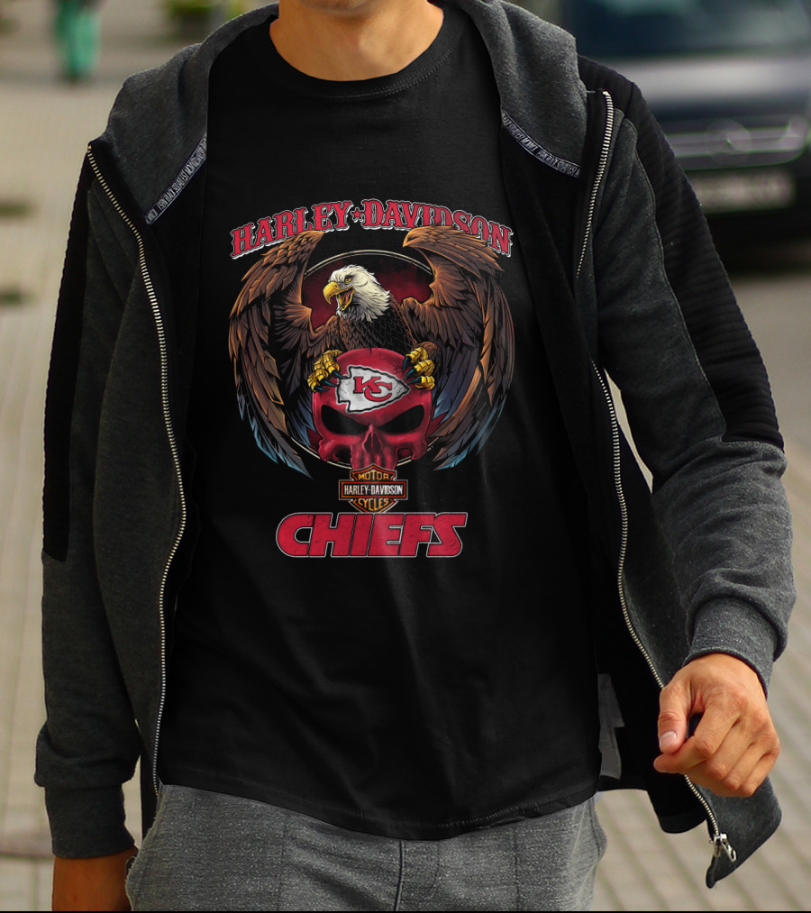 Harley Davidson Kansas City Chiefs Nfl Logo With Eagle And Skull T-Shirt