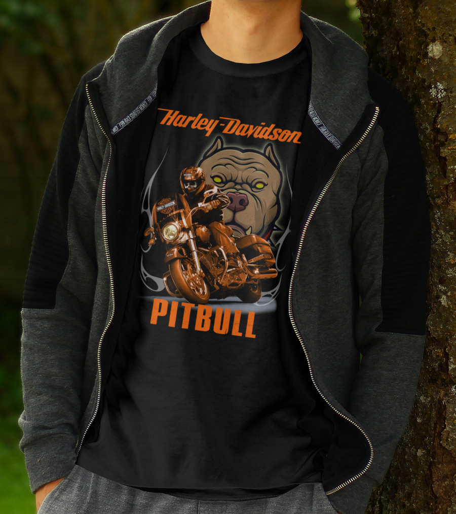 Harley Davidson Pitbull Motorcycle Rider With Dog T-Shirt