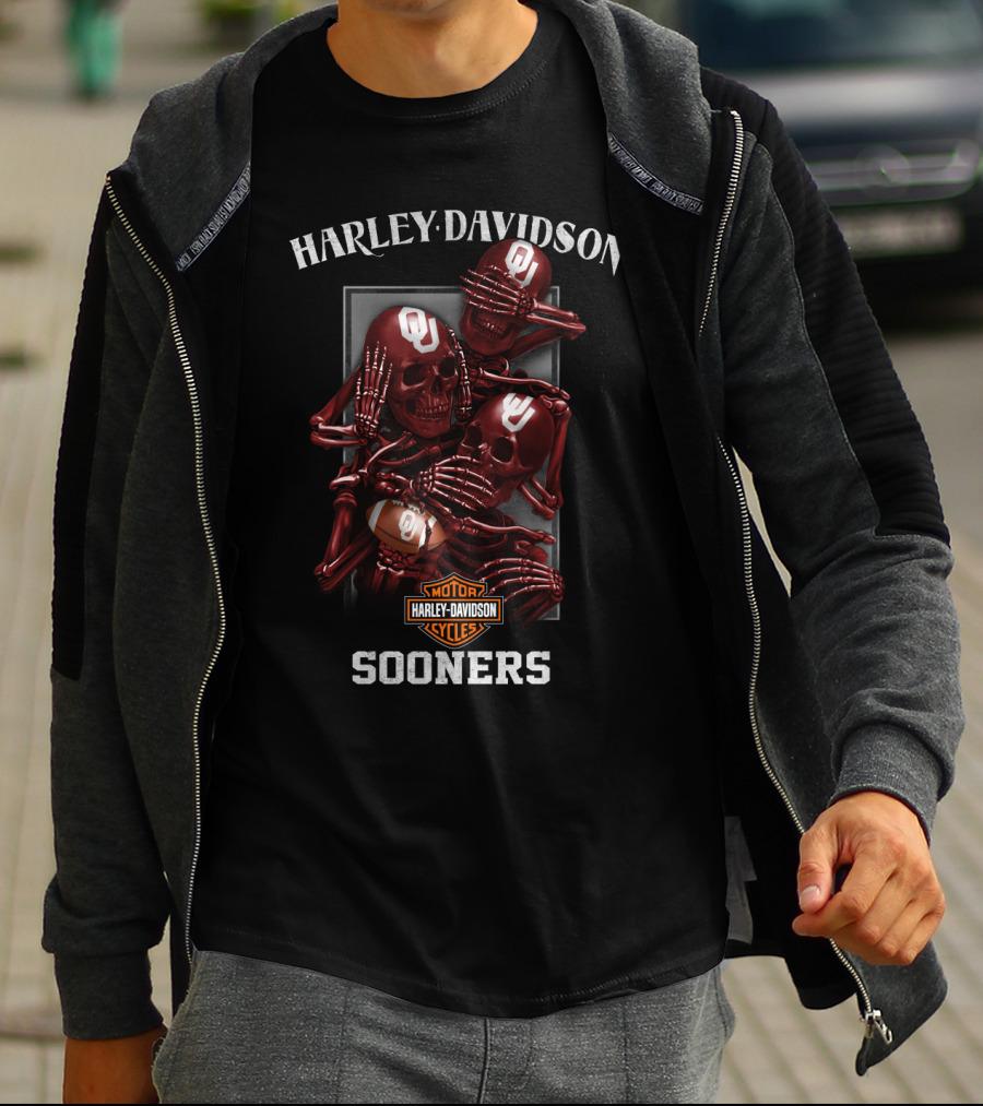 Harley Davidson Ncaa Oklahoma Sooners Motorcycles Football Skulls T-Shirt
