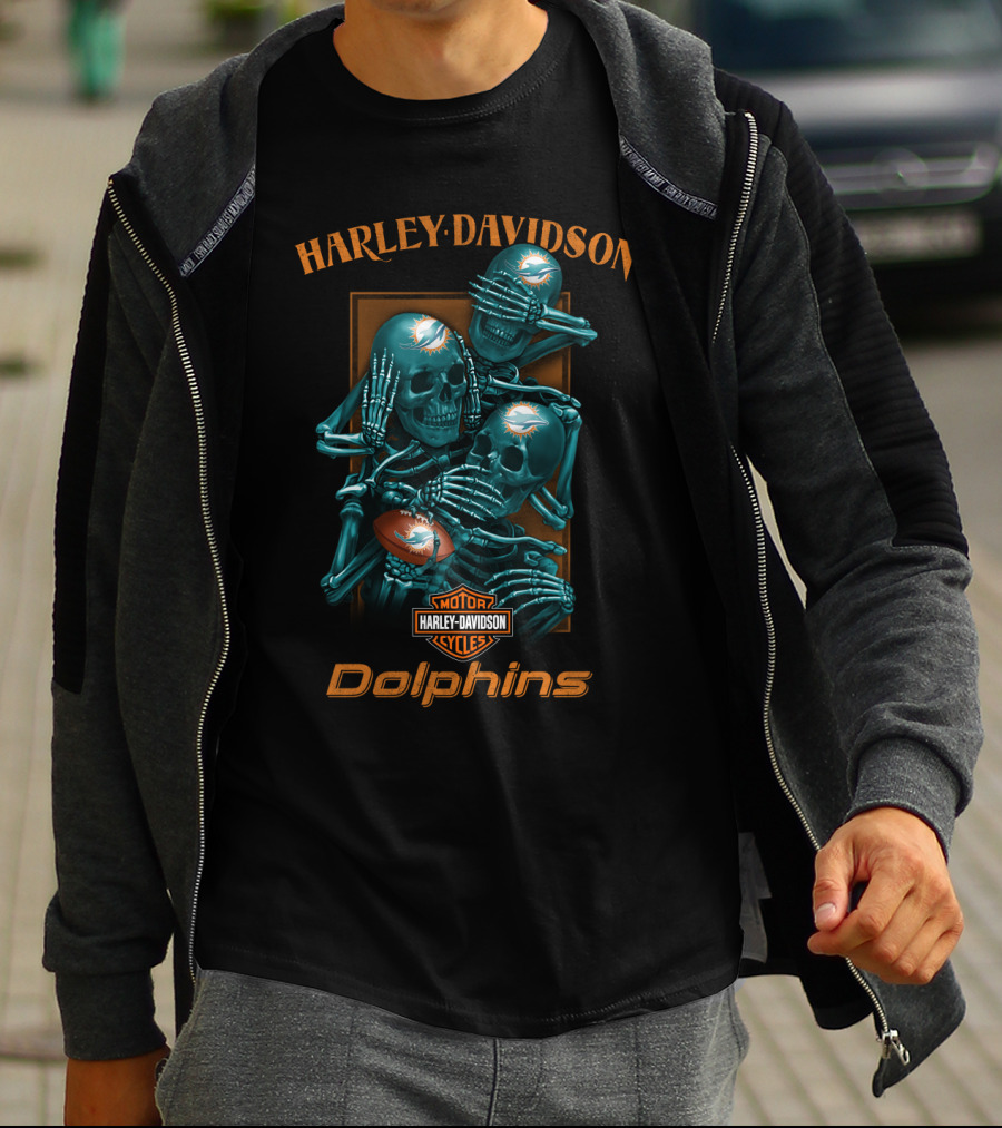Harley Davidson Motor Cycles Miami Dolphins Nfl Skeletons T-Shirt