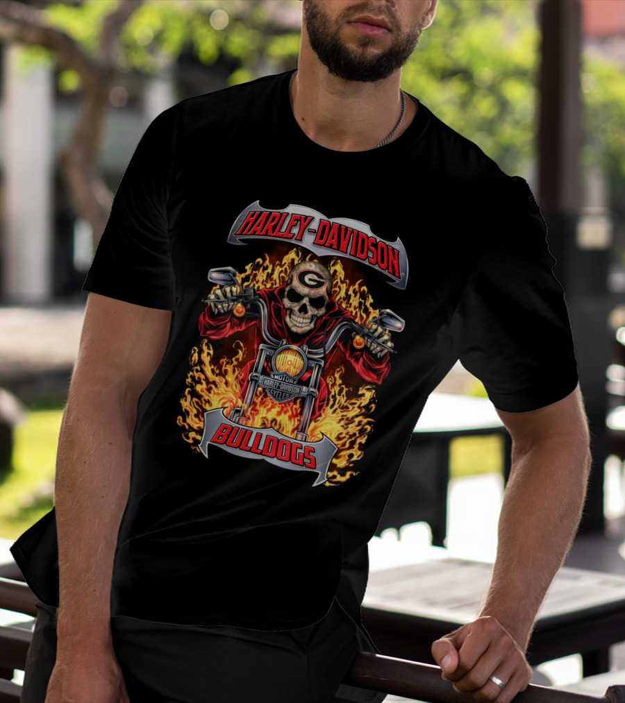 Harley Davidson Georgia Bulldogs Skull Motorcycle Flame T-Shirt