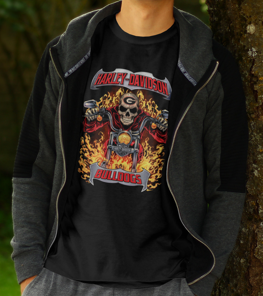 Harley Davidson Georgia Bulldogs Skull Motorcycle Flame T-Shirt