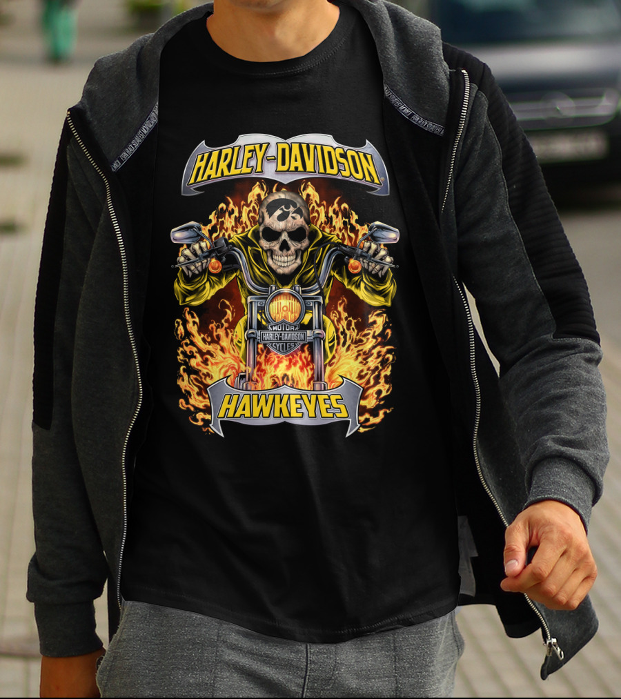 Harley Davidson Hawkeyes Iowa Ncaa Hl1502 Motorcycle Skull Flame T-Shirt