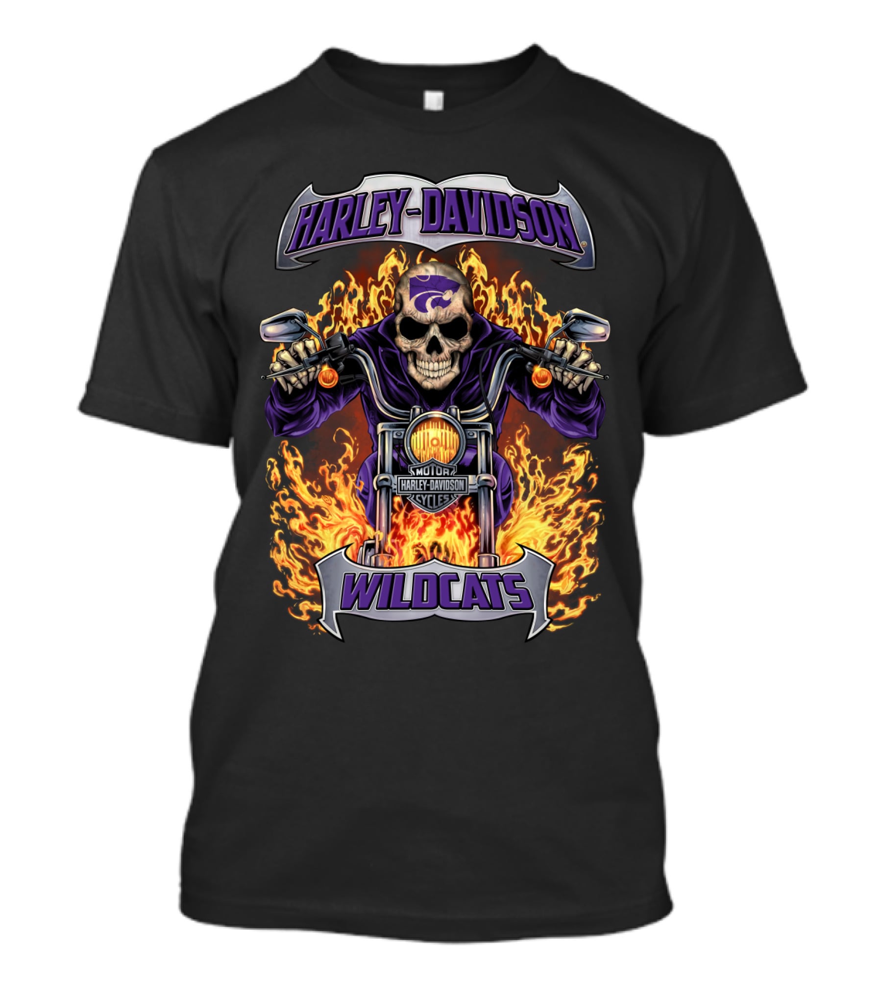 Harley Davidson Kansas State Wildcats Motorcycle Skull Flames T-Shirt