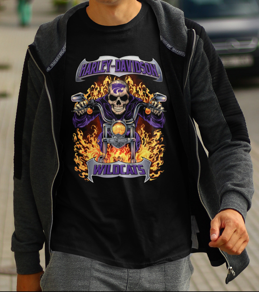 Harley Davidson Kansas State Wildcats Motorcycle Skull Flames T-Shirt