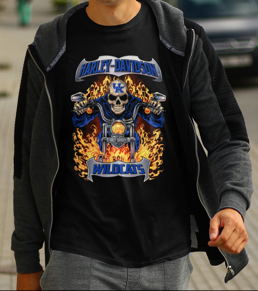 Harley Davidson Wildcats Kentucky Uk Motorcycle Flame Skull T-Shirt