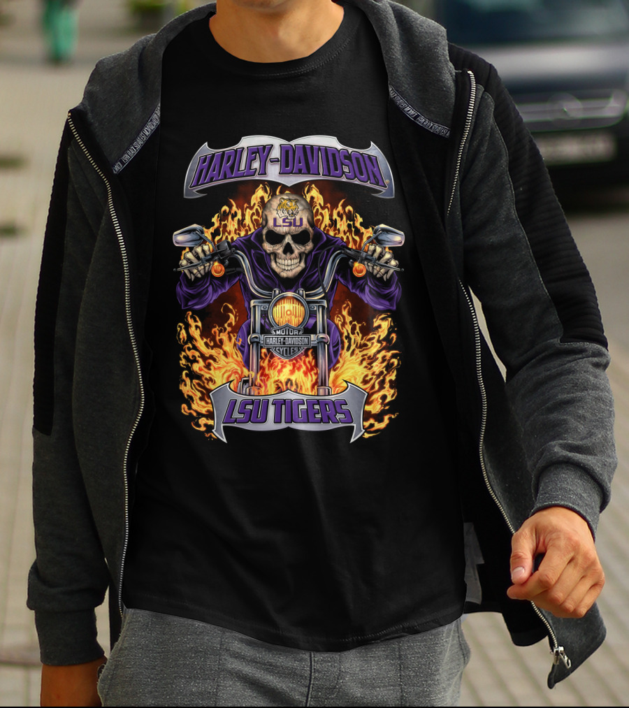 Harley Davidson Lsu Tigers Motorcycles Skull Flames T-Shirt