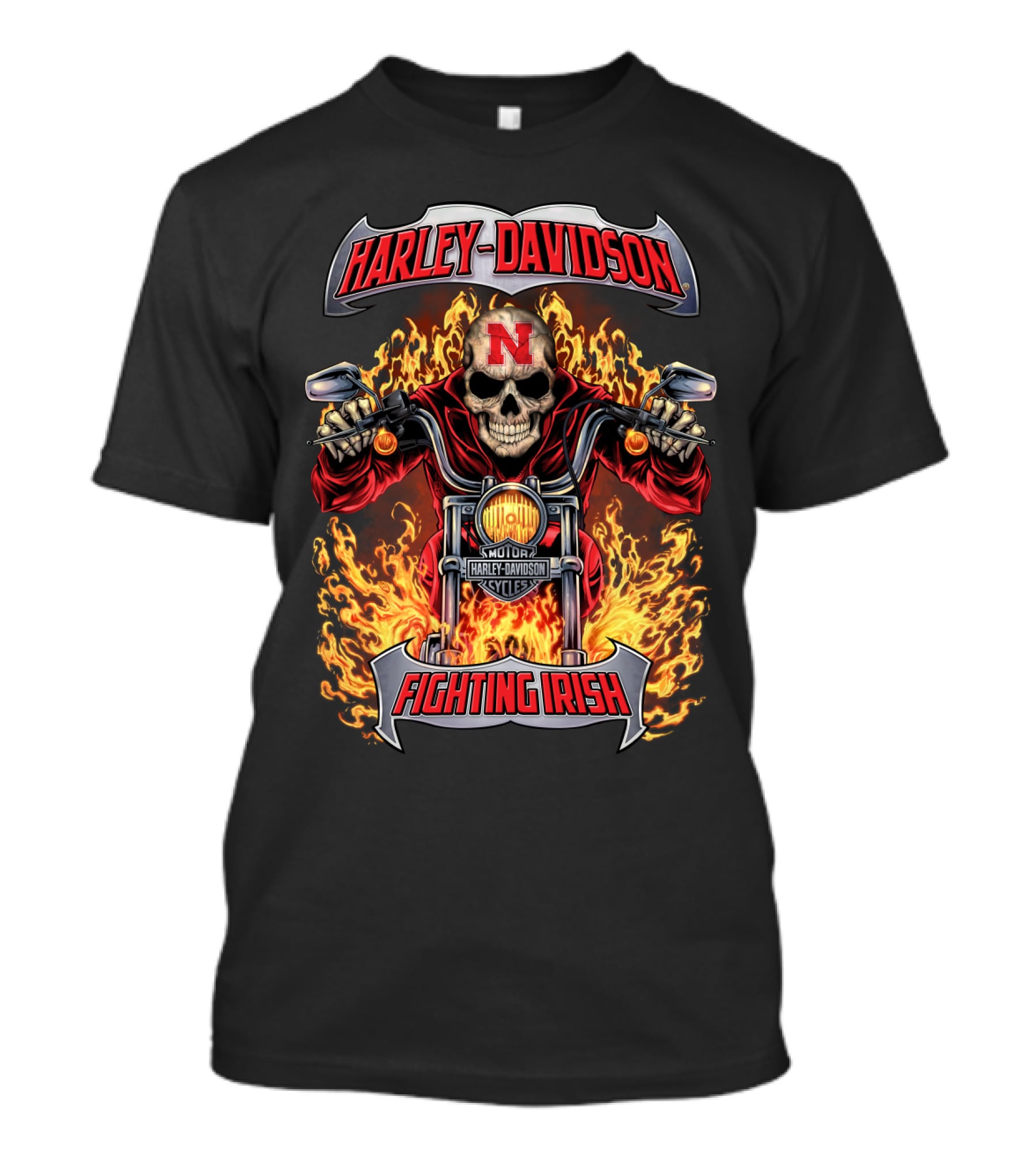 Harley Davidson Nebraska Cornhuskers Fighting Irish Skull On Fire T-Shirt