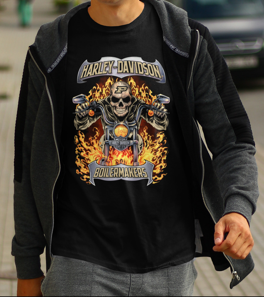 Harley Davidson Purdue Boilermakers Motorcycles Flame Skull T-Shirt