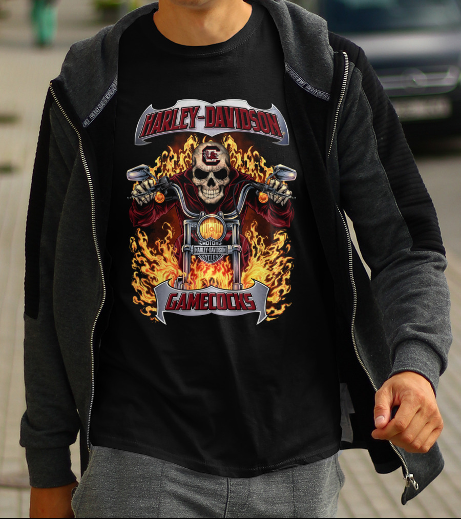 Harley Davidson South Carolina Gamecocks Flaming Skull Motorcycle T-Shirt