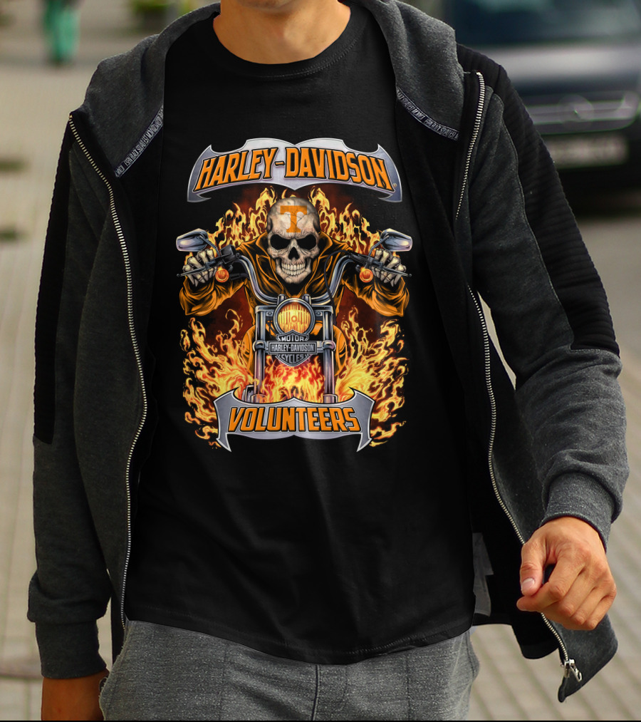 Harley Davidson Tennessee Volunteers Skull Motorcycle Flames T-Shirt