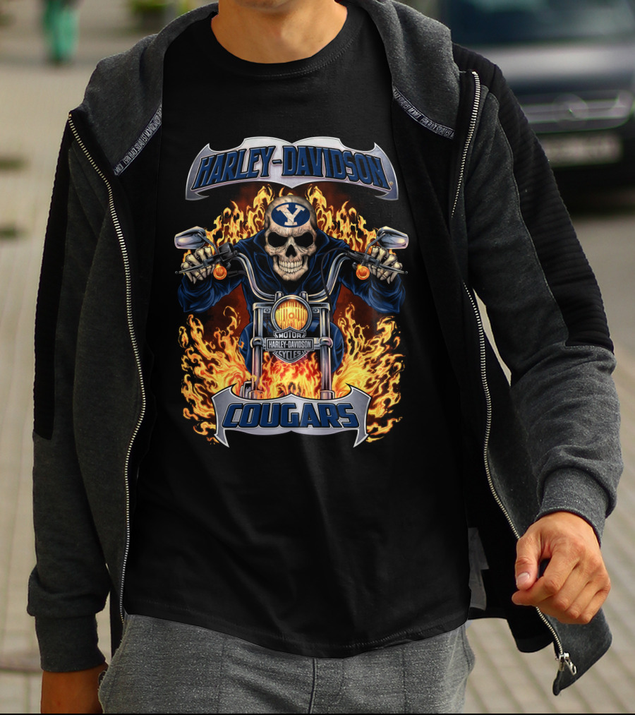 Harley Davidson Cougars Skull Flames Hl1502 Ncaa Byu T-Shirt