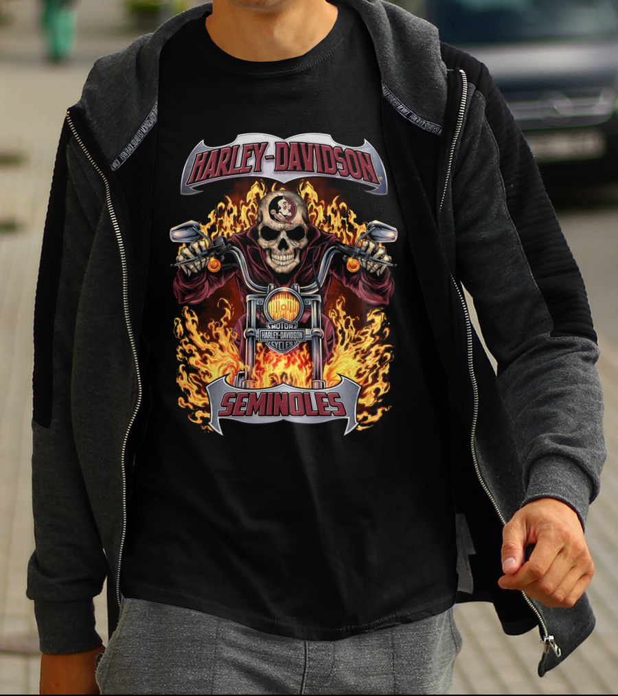 Harley Davidson Seminoles Skull Flames Motorcycle Theme T-Shirt