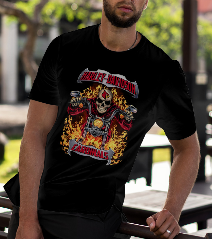 Harley Davidson Louisville Cardinals Skull Flames Motorcycle T-Shirt