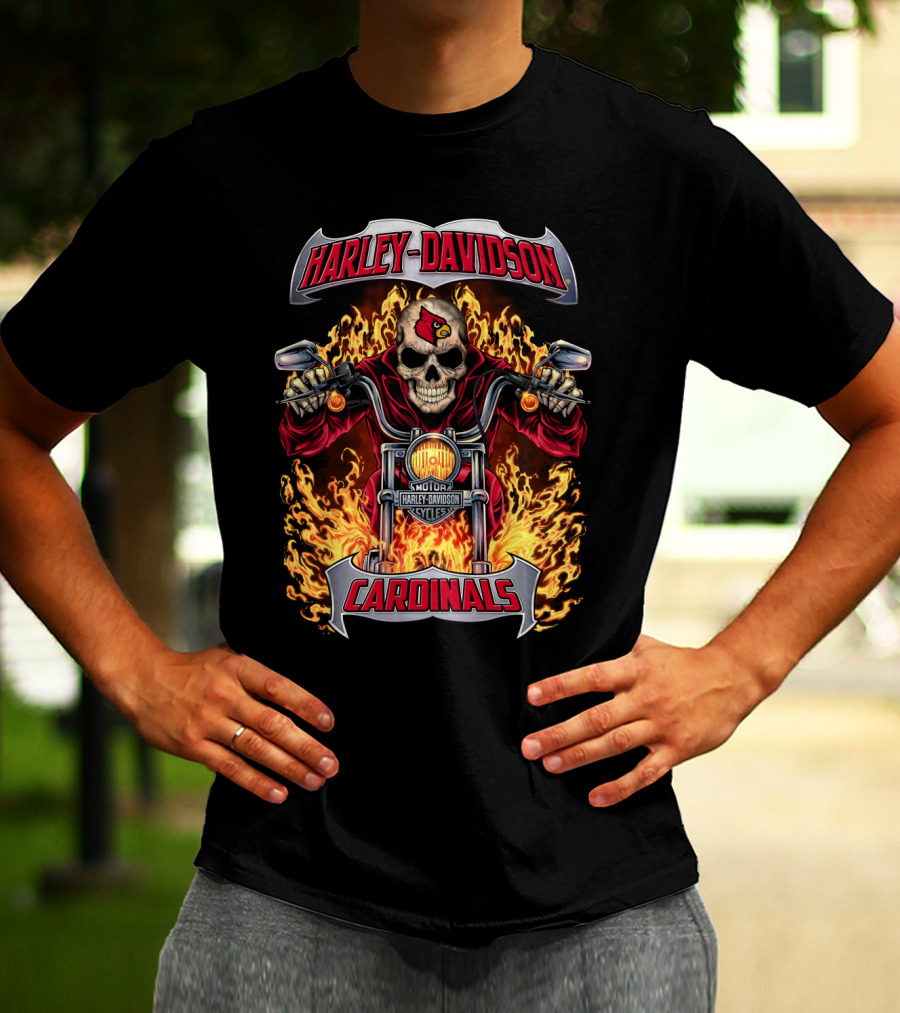 Harley Davidson Louisville Cardinals Skull Flames Motorcycle T-Shirt