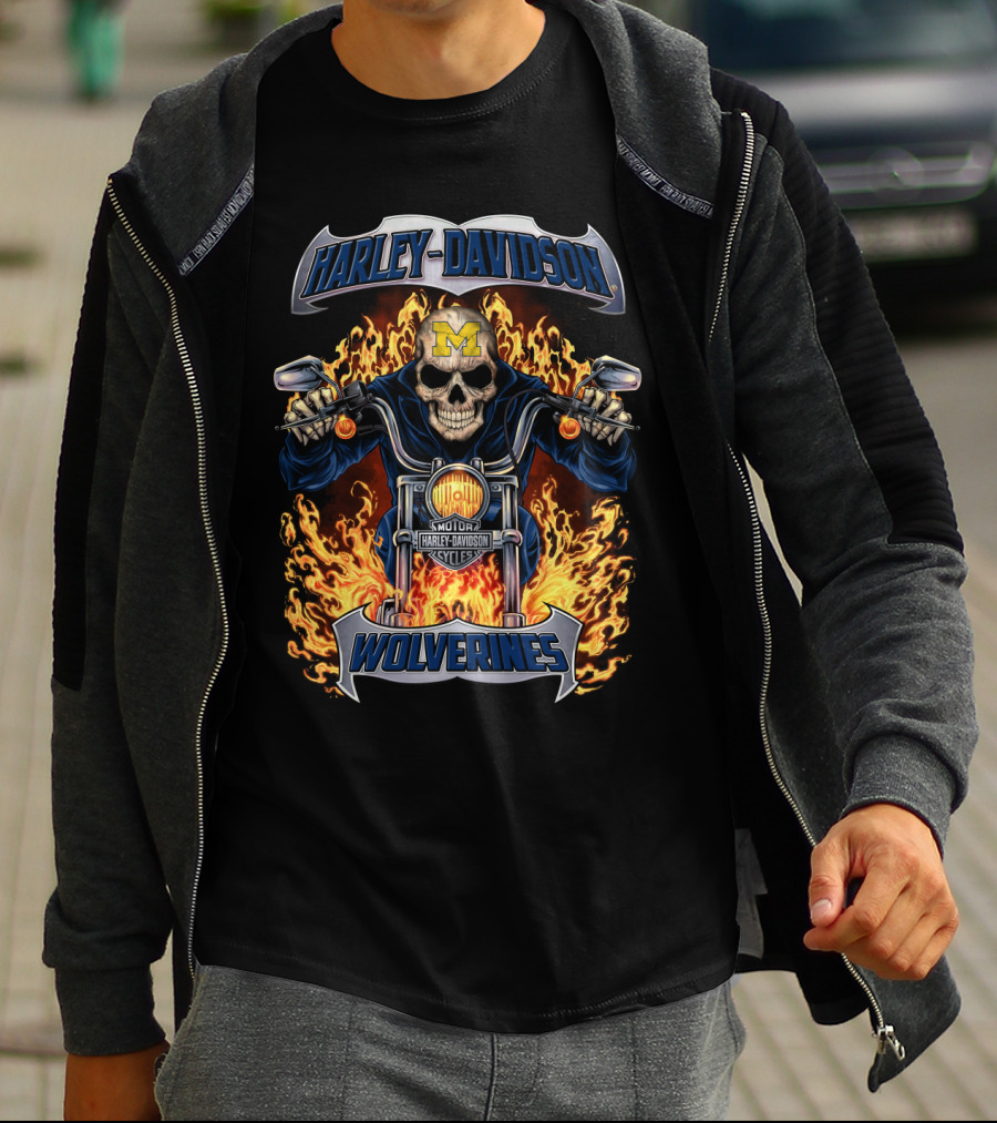 Harley Davidson Michigan Wolverines Skull Flames Motorcycles T-Shirt