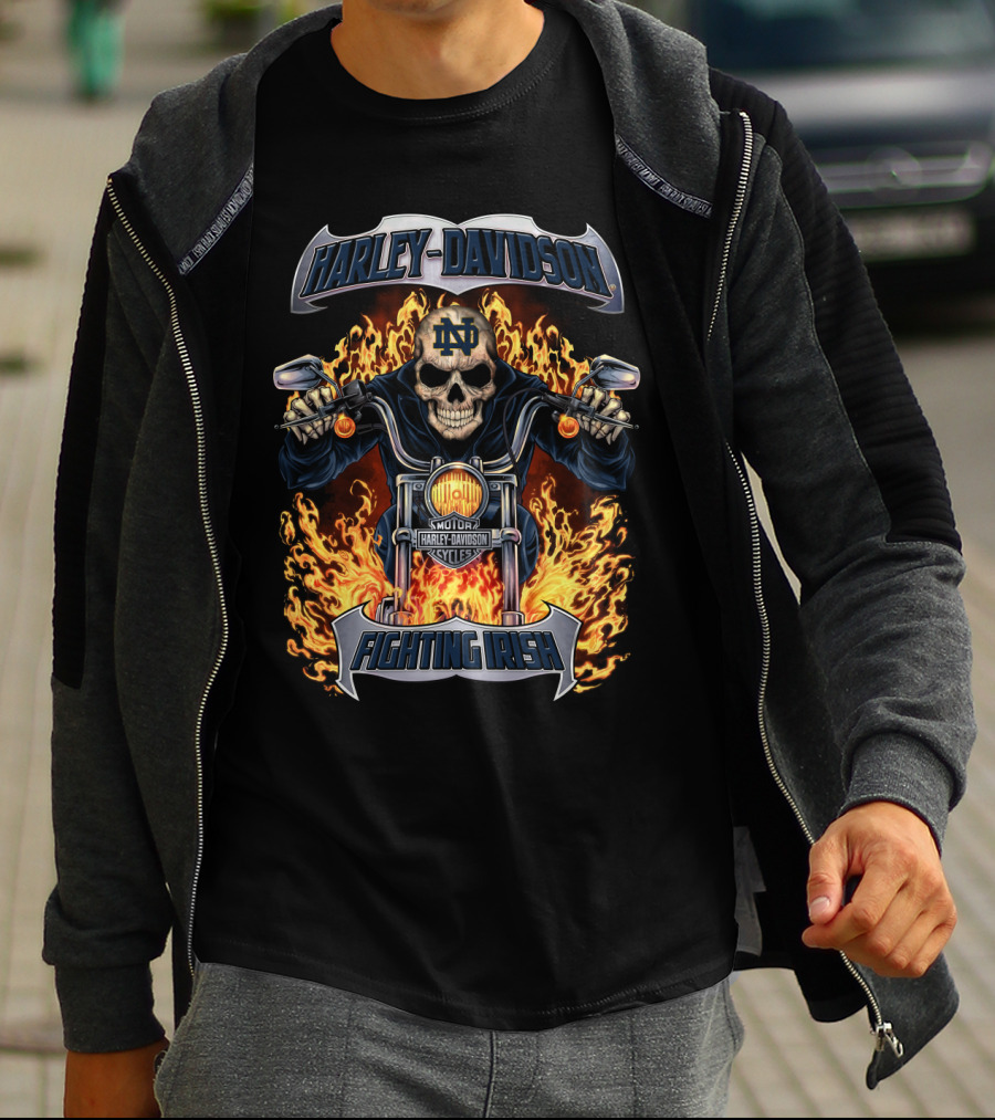 Harley Davidson Notre Dame Fighting Irish Motorcycle Skull Flames T-Shirt