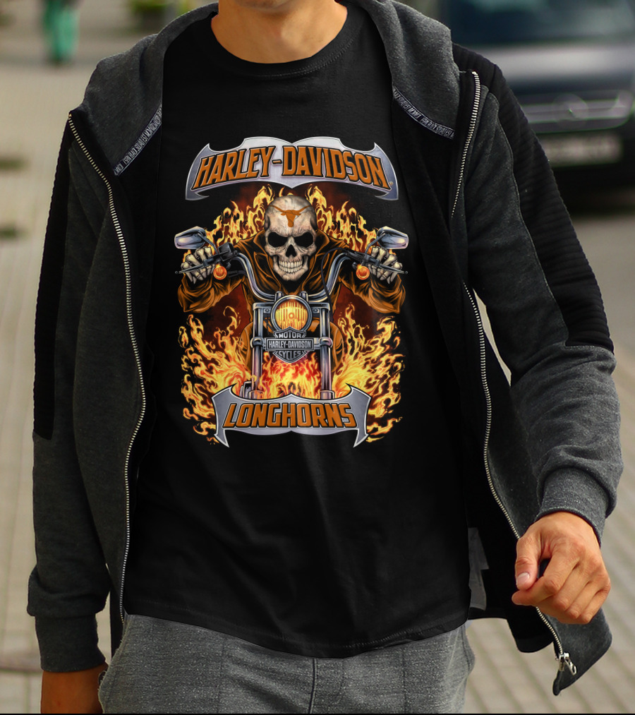 Harley Davidson Longhorns Flame Skull Motorcycle Art T-Shirt
