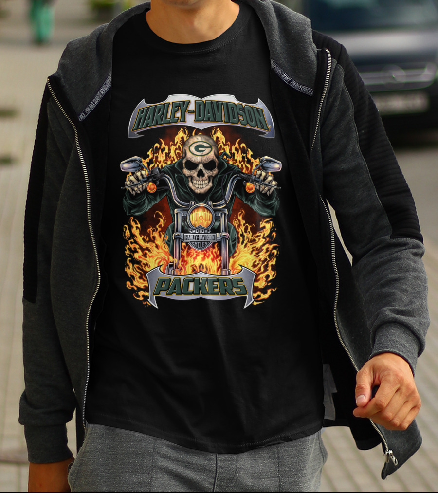 Harley Davidson Packers Skull Motorcycle Flames Green Bay T-Shirt