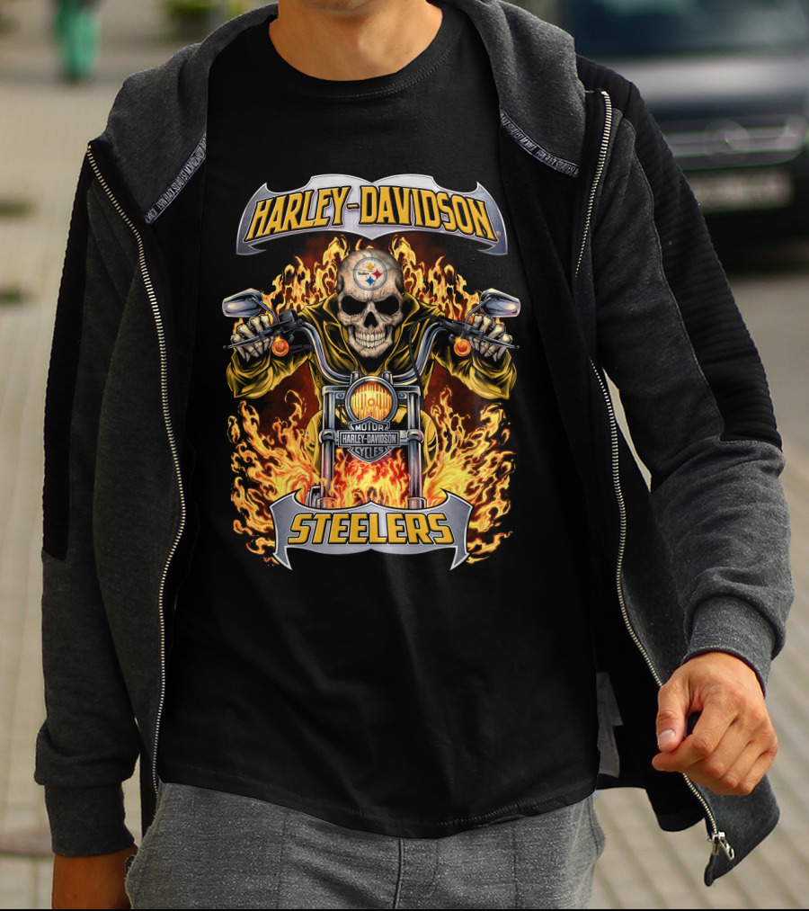Harley Davidson Steelers Skull Flames Motorcycles Nfl Pittsburgh T-Shirt