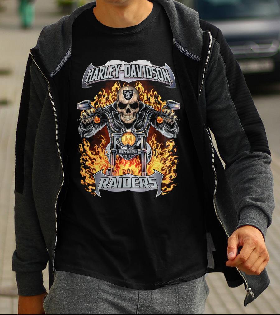 Harley Davidson Raiders Motorcycle Skull Flames T-Shirt