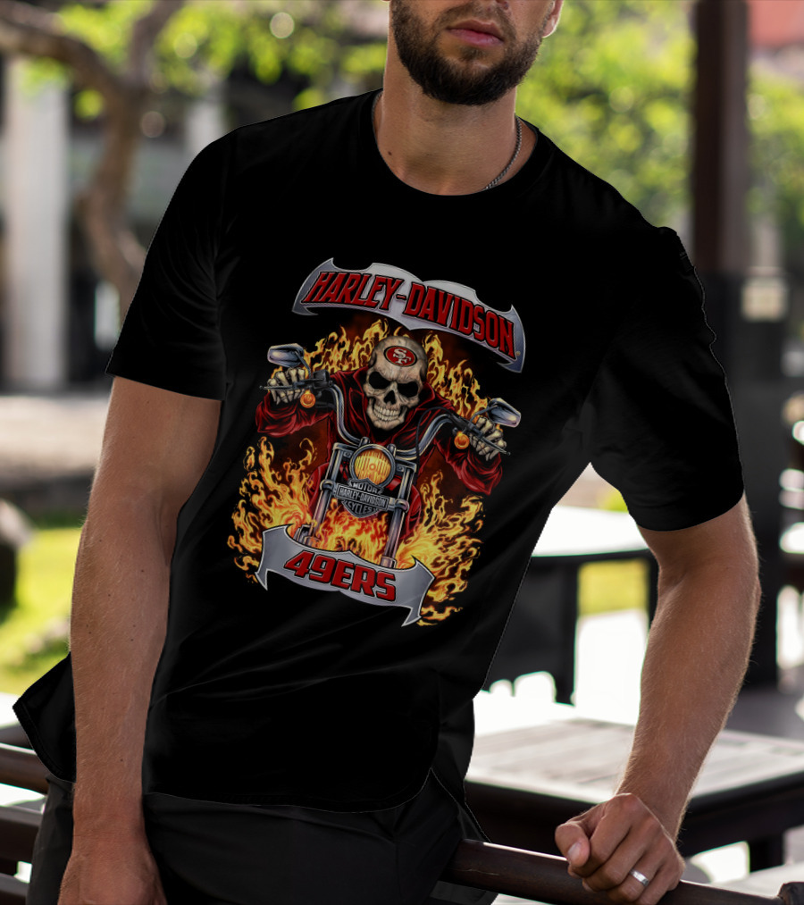 Harley Davidson San Francisco 49ers Skull Rider Flames Nfl 49ers T-Shirt
