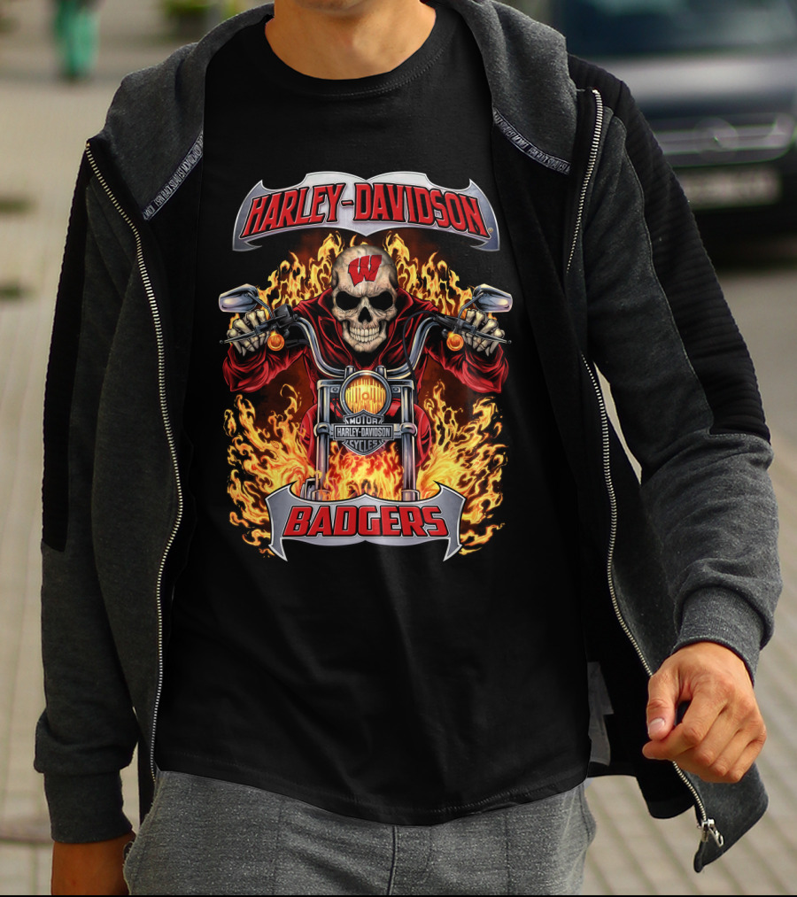Harley Davidson Wisconsin Badgers Flaming Skull Motorcycle T-Shirt