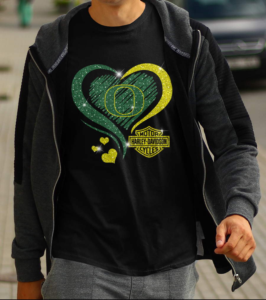 Oregon Ducks Heart Harley Davidson Motorcycles T-Shirt