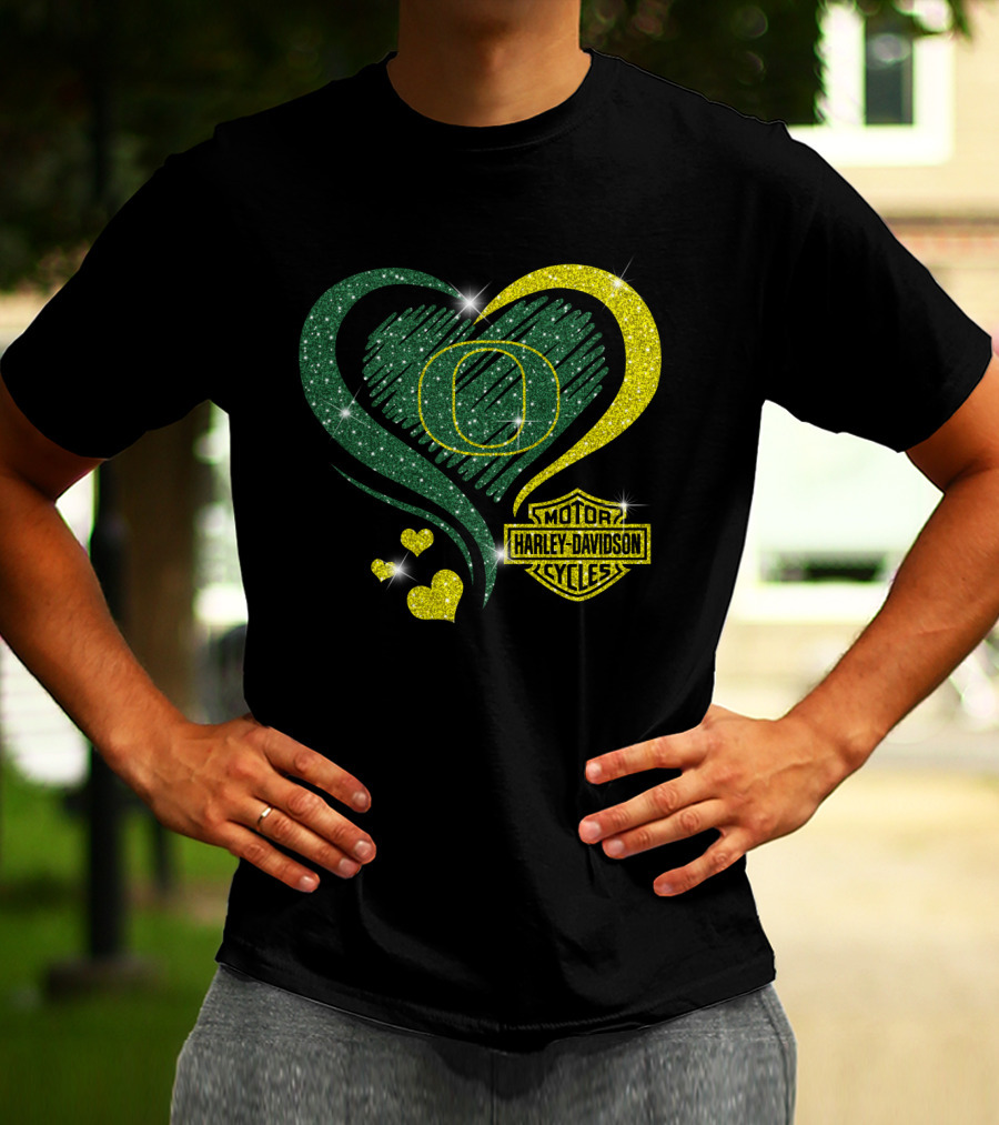 Oregon Ducks Heart Harley Davidson Motorcycles T-Shirt