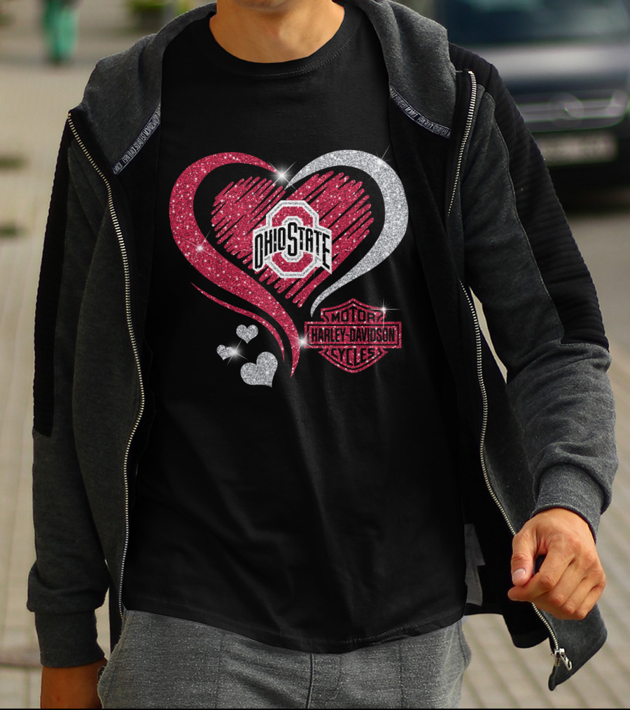 Ohio State Buckeyes Heart With Harley Davidson Motorcycles T-Shirt