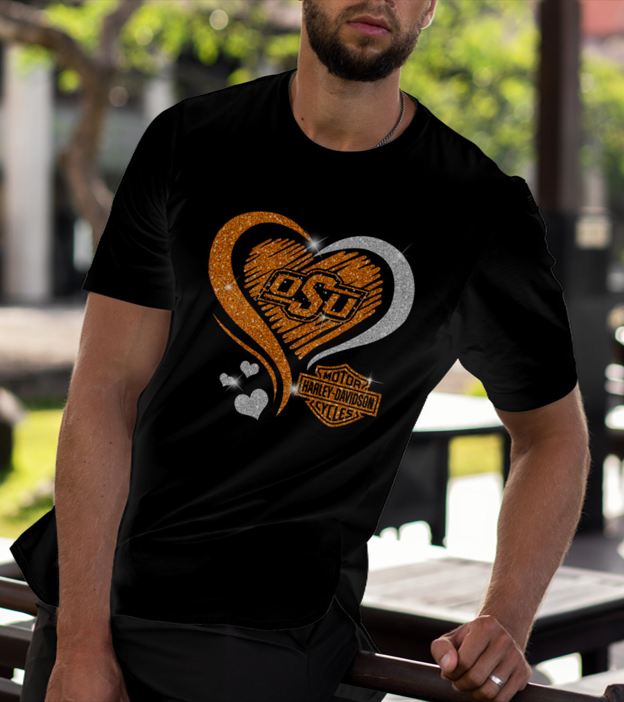 Osu Heart With Harley Davidson Logo And Oklahoma State Cowboys T-Shirt