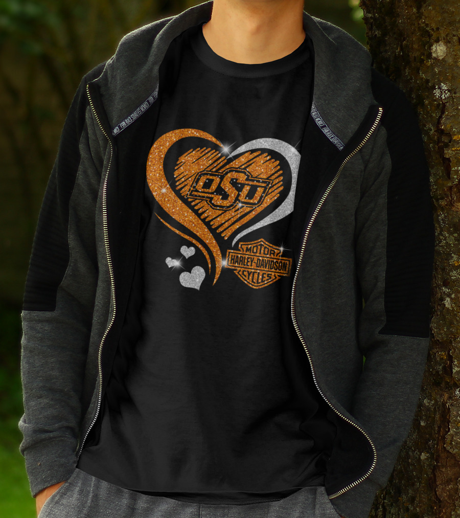 Osu Heart With Harley Davidson Logo And Oklahoma State Cowboys T-Shirt
