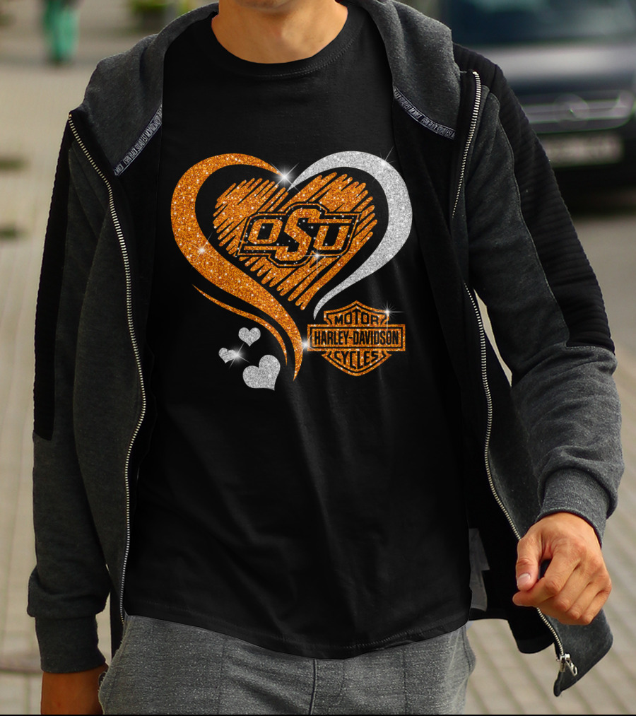 Osu Heart With Harley Davidson Logo And Oklahoma State Cowboys T-Shirt