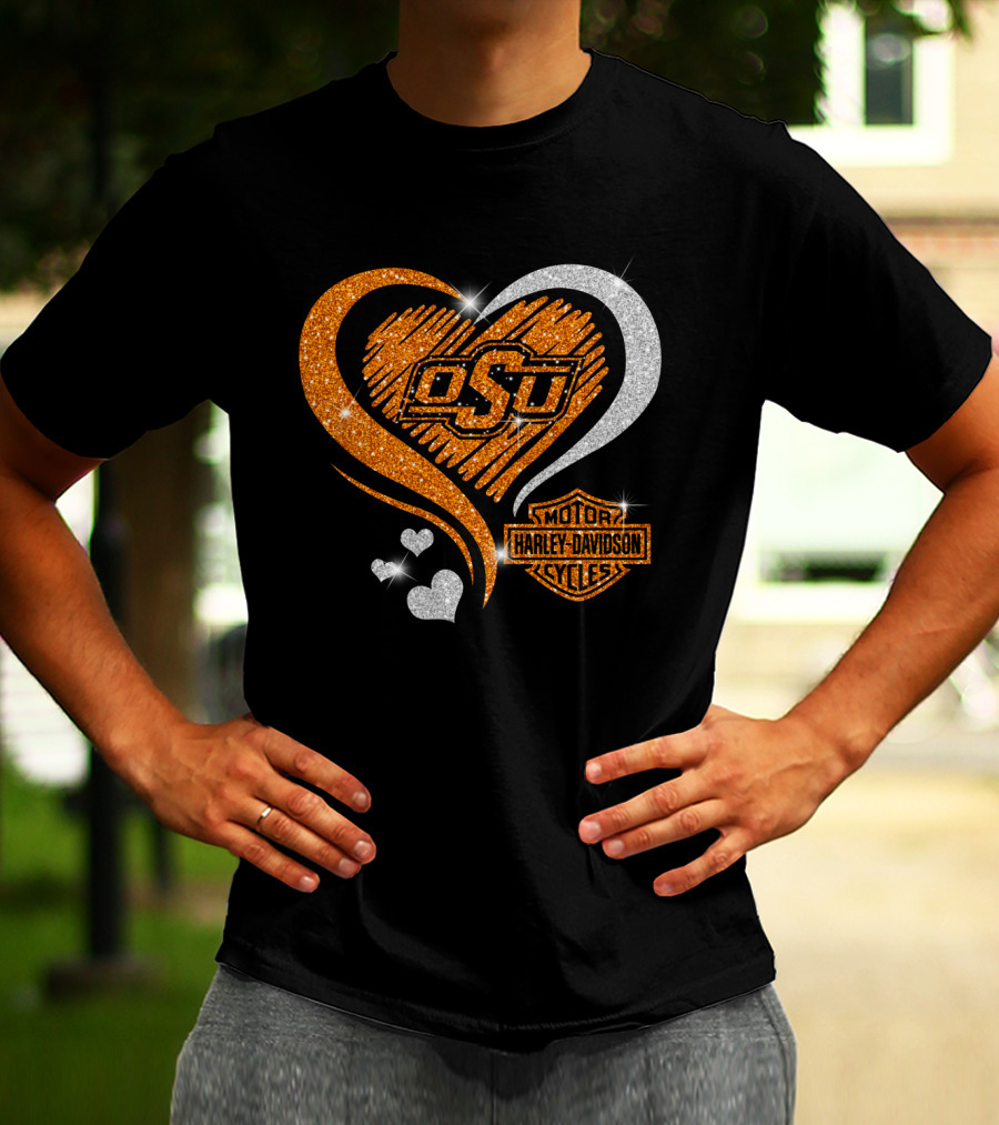 Osu Heart With Harley Davidson Logo And Oklahoma State Cowboys T-Shirt
