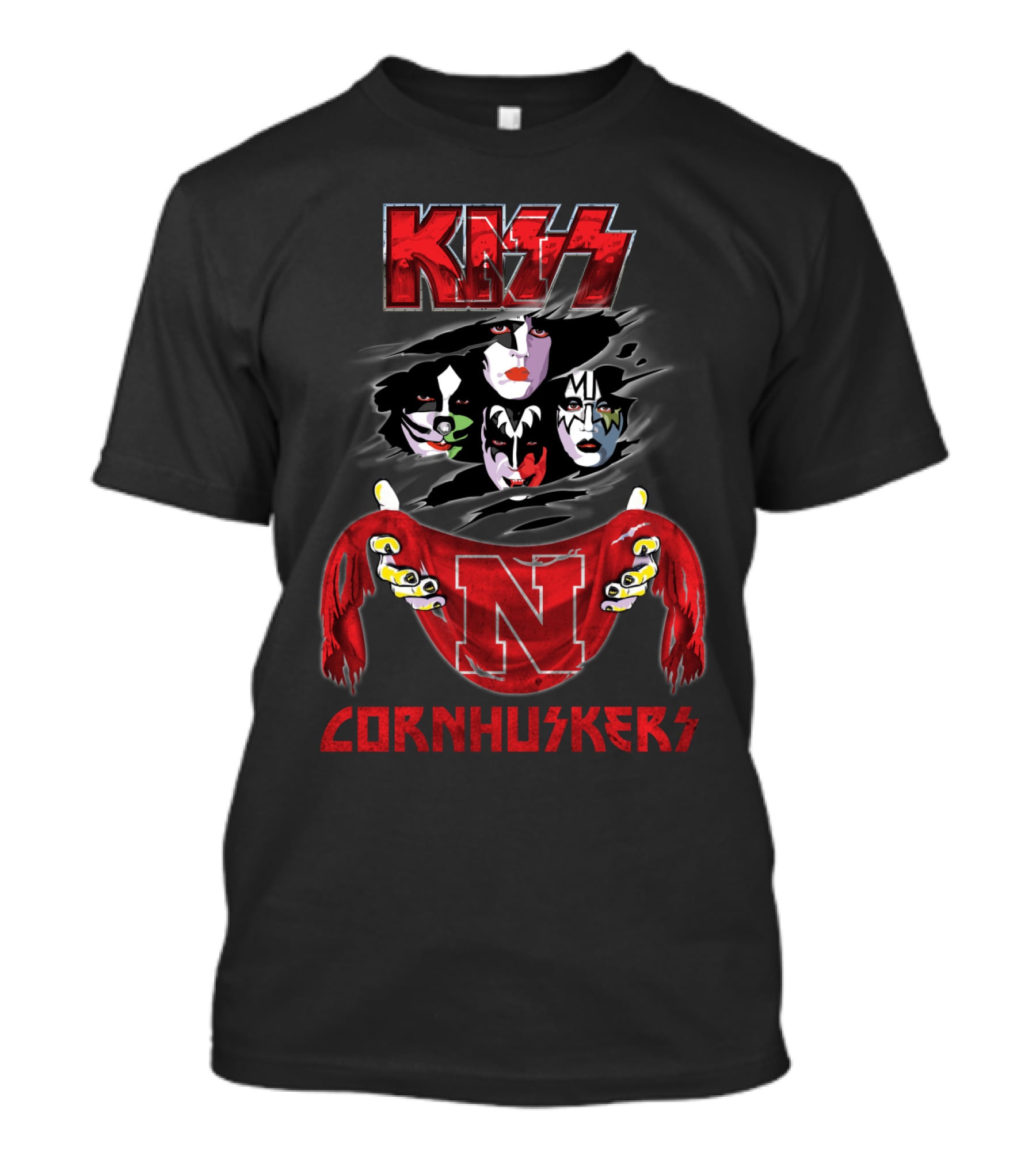 KISS Rock Band Faces With Nebraska Cornhuskers Red Scarf T-Shirt