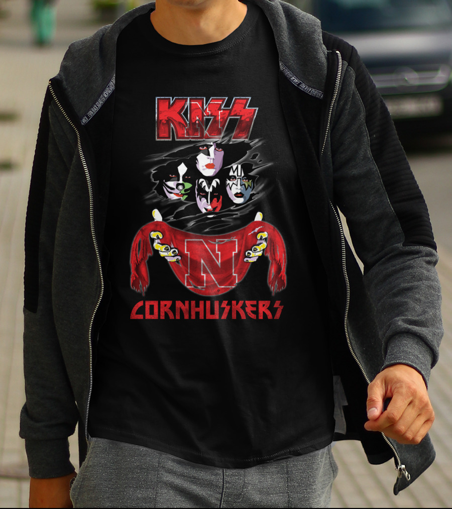 KISS Rock Band Faces With Nebraska Cornhuskers Red Scarf T-Shirt