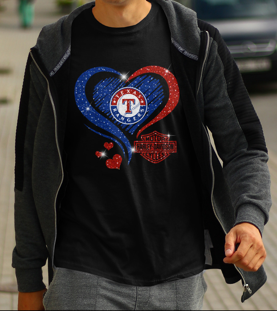 Texas Rangers Harley Davidson Heart Glitter T-Shirt