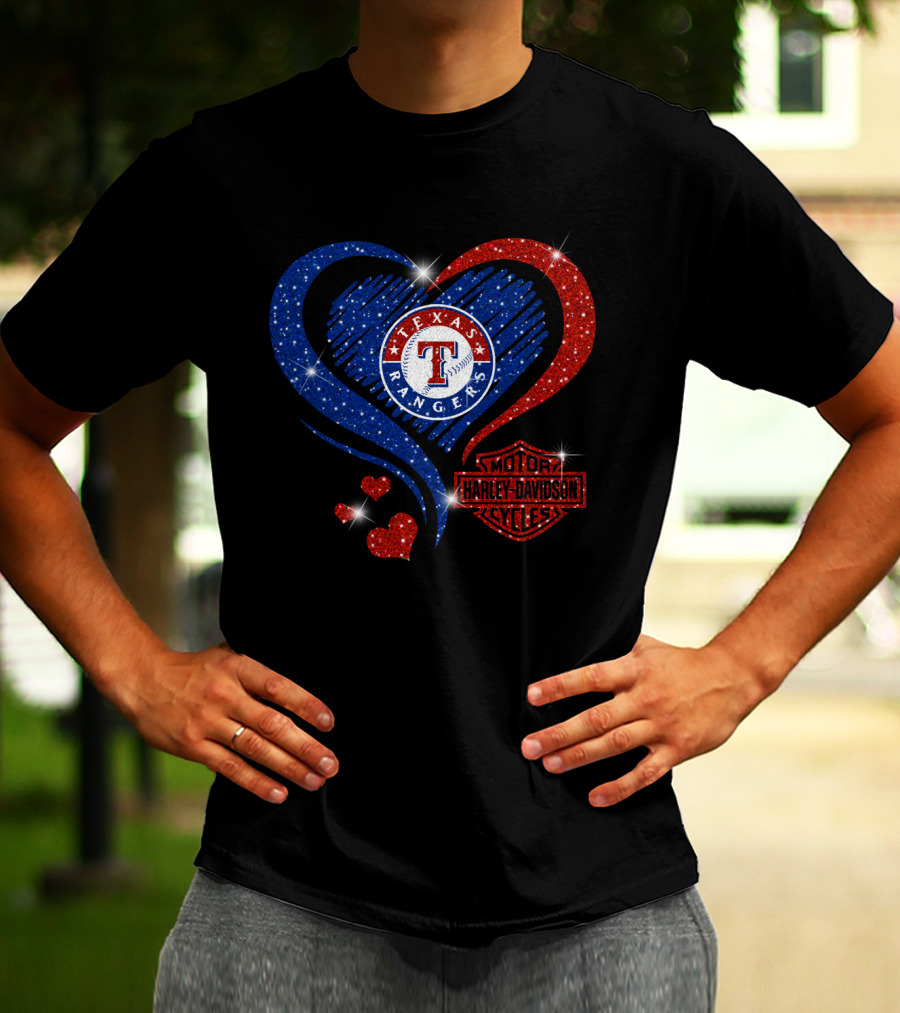 Texas Rangers Harley Davidson Heart Glitter T-Shirt
