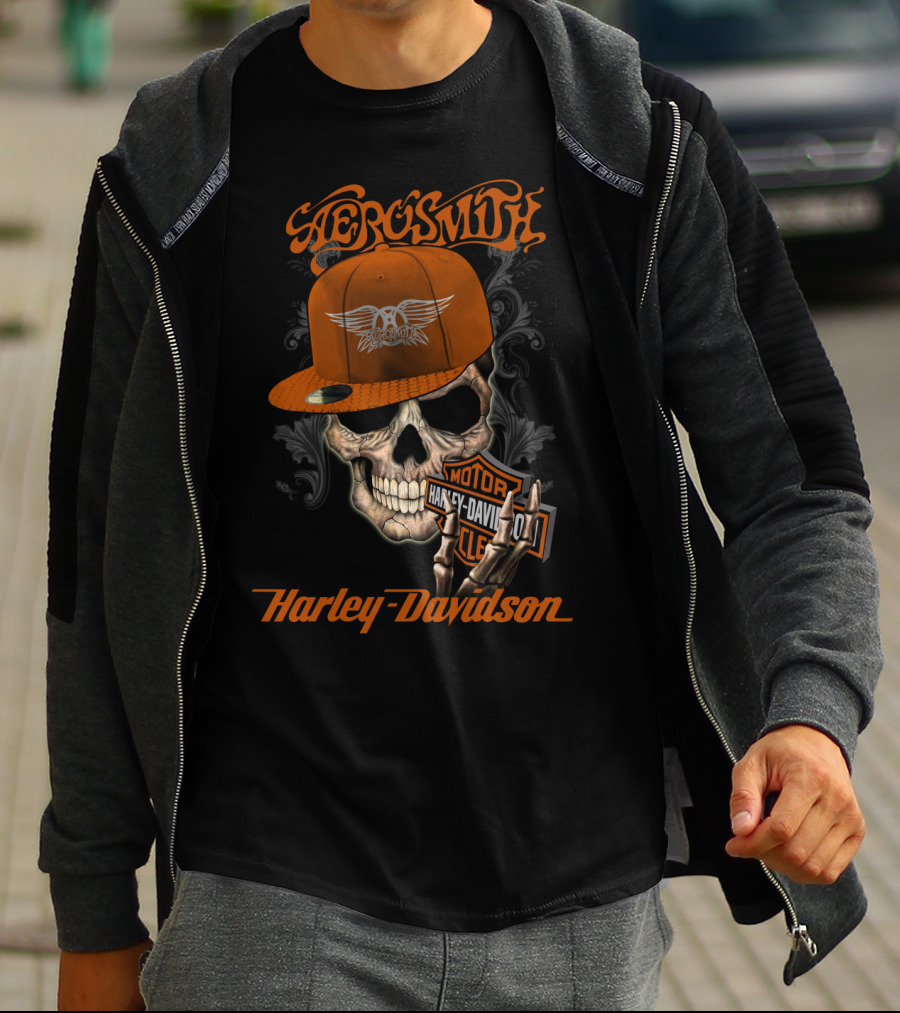 Aerosmith Harley Davidson Skull With Cap T-Shirt