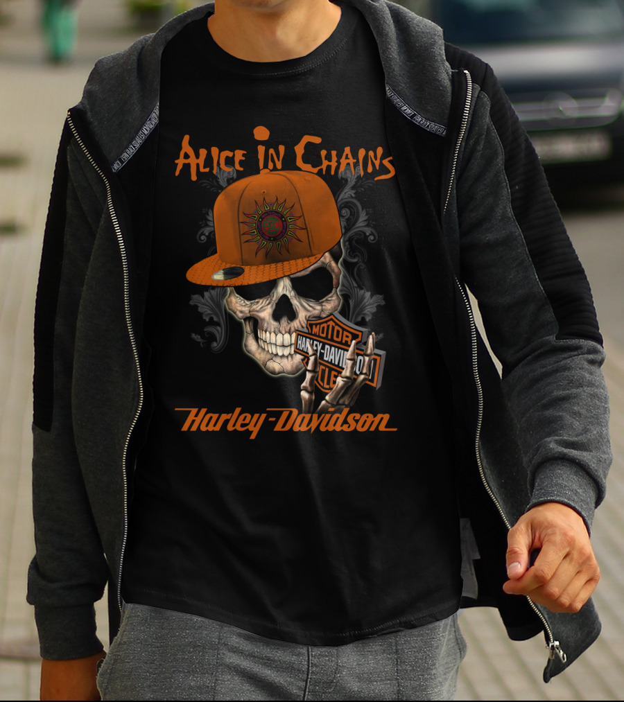 Alice In Chains Harley Davidson Skull With Cap T-Shirt