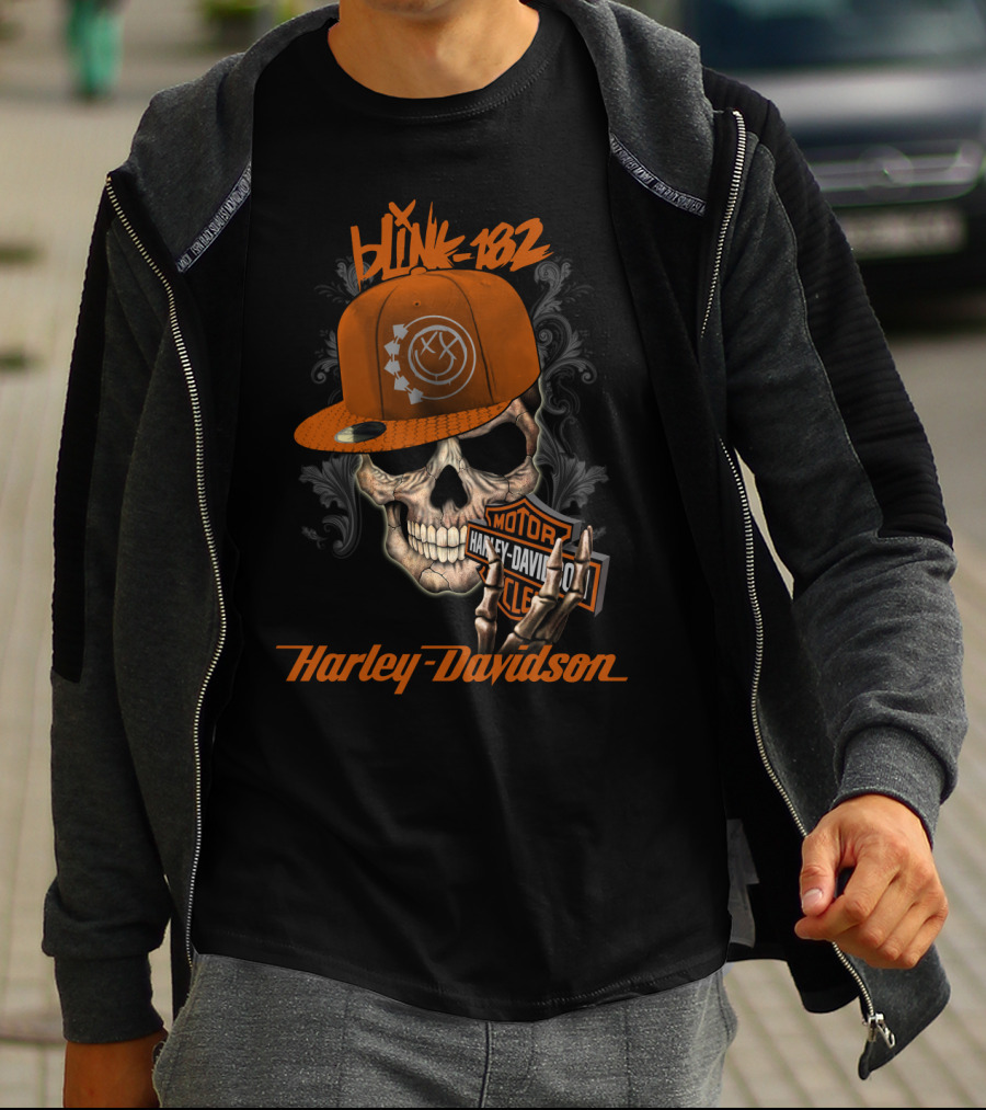 Blink-182 Harley Davidson Skull With Hat And Motor T-Shirt